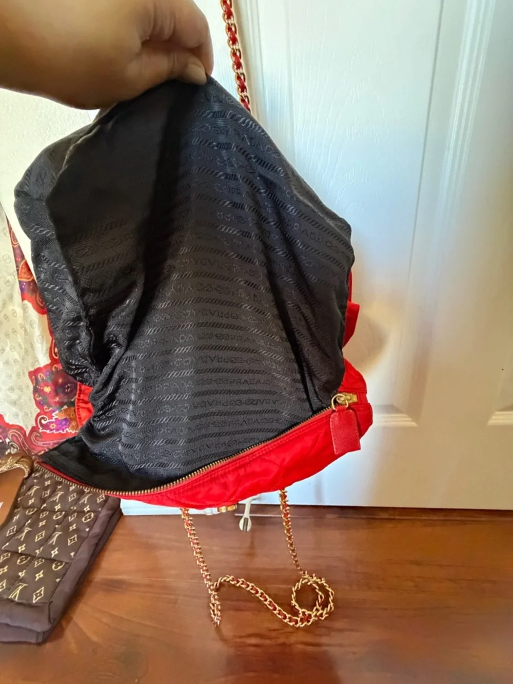 Prada Red Quilted Nylon Shoulder Bag with Gold Chain - Picture 13 of 13